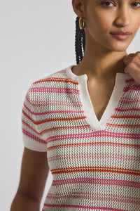 Rose/White Andy Corded Mesh Split Neck Short Sleeve Sweater | Women's Top by Derek Lam 10 Crosby