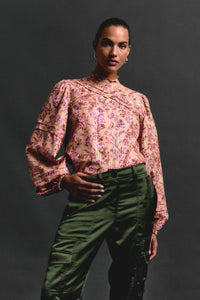 Camel Multi Marlowe Lurex Stripe Printed Voile Long Sleeve Blouse | Women's Top by Derek Lam 10 Crosby
