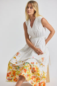 White/Papaya Multi Nara Border Print Cotton Poplin Cinch Waist Maxi Dress | Women's Dresses by Derek Lam 10 Crosby