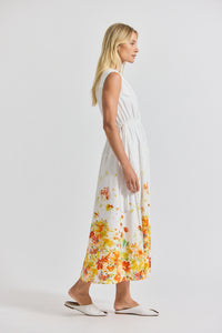 White/Papaya Multi Nara Border Print Cotton Poplin Cinch Waist Maxi Dress | Women's Dresses by Derek Lam 10 Crosby