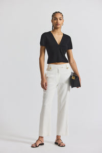 Blanc de Blanc Nika Drapey Linen Pant With Gold Crest Buttons | Women's Pants by Derek Lam 10 Crosby
