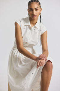 White Nikita Poplin Embroidered Eyelet Cinch Waist Shirtdress | Women's Dresses by Derek Lam 10 Crosby
