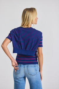 Navy-Raspberry Twain Cotton Cashmere Short Sleeve Pre-Styled Sweater | Women's Top by Derek Lam 10 Crosby