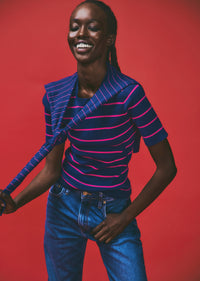 Navy-Raspberry Twain Cotton Cashmere Short Sleeve Pre-Styled Sweater | Women's Top by Derek Lam 10 Crosby