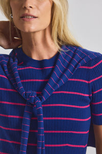 Navy-Raspberry Twain Cotton Cashmere Short Sleeve Pre-Styled Sweater | Women's Top by Derek Lam 10 Crosby