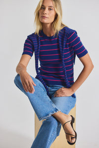 Navy-Raspberry Twain Cotton Cashmere Short Sleeve Pre-Styled Sweater | Women's Top by Derek Lam 10 Crosby