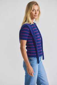 Navy-Raspberry Twain Cotton Cashmere Short Sleeve Pre-Styled Sweater | Women's Top by Derek Lam 10 Crosby