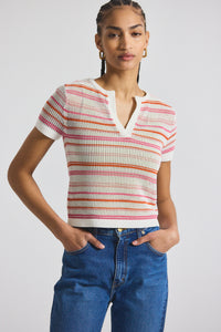 Rose/White Andy Corded Mesh Split Neck Short Sleeve Sweater | Women's Top by Derek Lam 10 Crosby