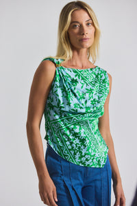 Kelly Green Multi Ariel Tile Print Asymmetric Top With Embellishment | Women's Top by Derek Lam 10 Crosby