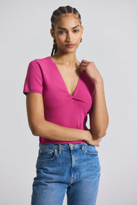 Raspberry Multi Belle Viscose Compact Knit Twist Front Sweater | Women's Top by Derek Lam 10 Crosby