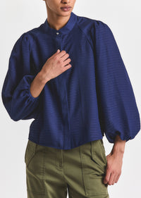 Dianne Mini Grid Georgette Volume Sleeve Blouse - Sailor Navy