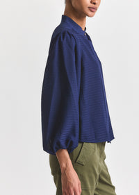 Sailor Navy Dianne Mini Grid Georgette Volume Sleeve Blouse | Women's Top by Derek Lam 10 Crosby