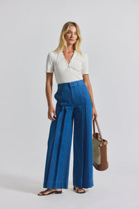 Katrina Chambray Wide Leg Pleated Trouser - Keri Blue