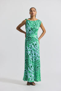 Kelly Green Multi Maritza Watercolor Tile Print Asymmetric Dress with Embellishment | Women's Dresses by Derek Lam 10 Crosby