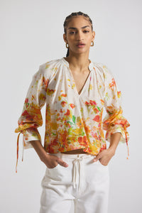 White/Papaya Multi Milon Organza V-Neck Blouse | Women's Top by Derek Lam 10 Crosby