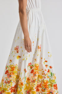 White/Papaya Multi Nara Border Print Cotton Poplin Cinch Waist Maxi Dress | Women's Dresses by Derek Lam 10 Crosby