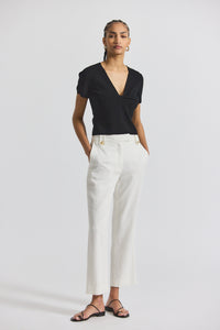 Blanc de Blanc Nika Drapey Linen Pant With Gold Crest Buttons | Women's Pants by Derek Lam 10 Crosby