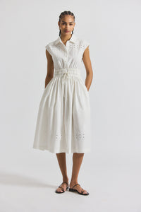 White Nikita Poplin Embroidered Eyelet Cinch Waist Shirtdress | Women's Dresses by Derek Lam 10 Crosby