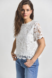 Soft White Samaria Short Sleeve Lace Top | Women's Dresses by Derek Lam 10 Crosby