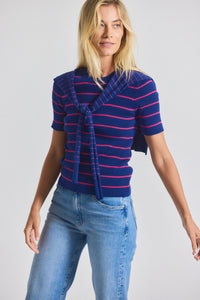 Navy-Raspberry Twain Cotton Cashmere Short Sleeve Pre-Styled Sweater | Women's Top by Derek Lam 10 Crosby